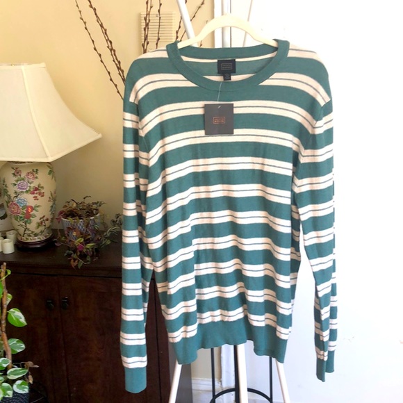 NWT Men's Sweater Cotton and Cashmere Blend- Light green and Ivory stripe I XL - Picture 4 of 13
